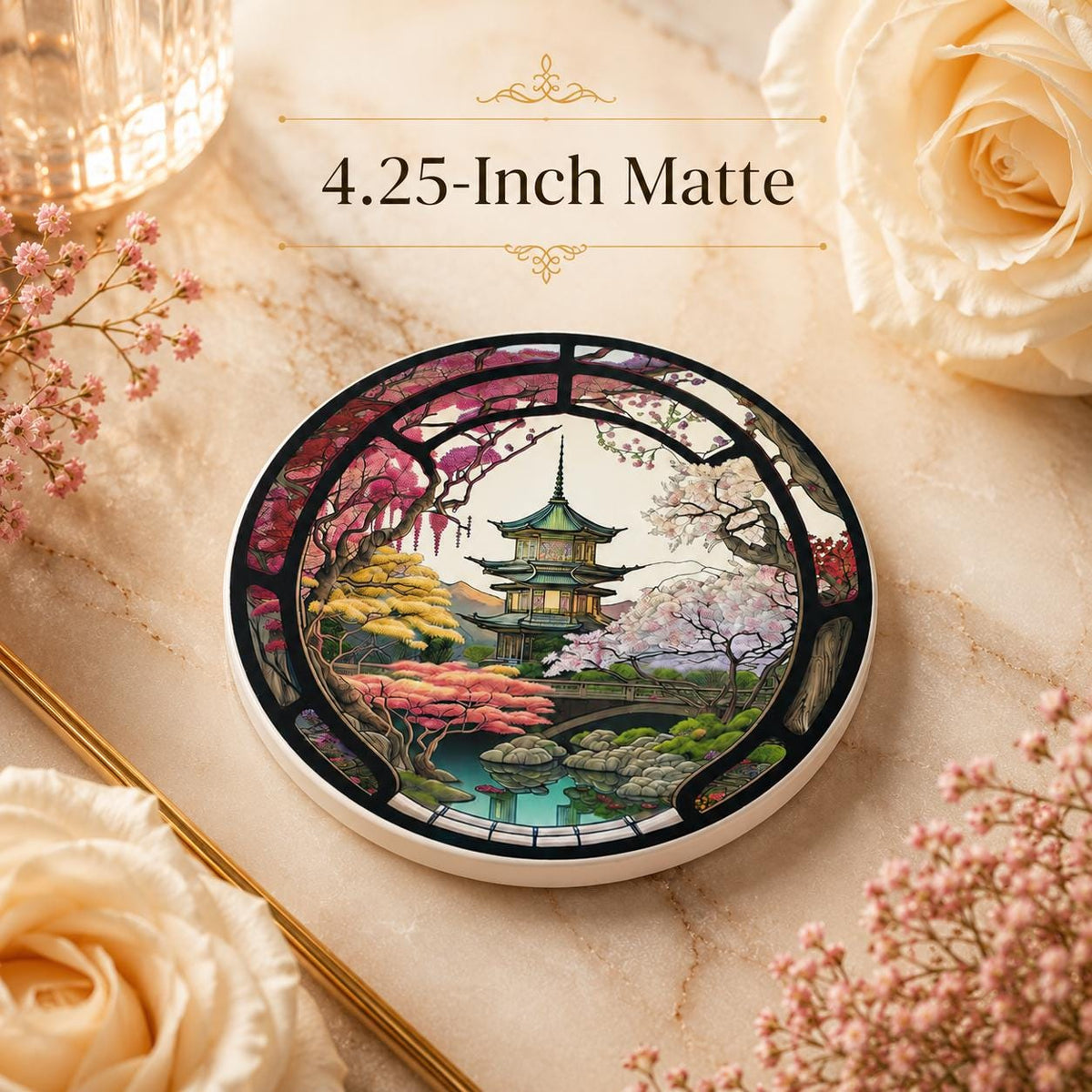 Japanese Garden Ceramic Coaster, Pagoda Cherry Blossom Decor, Asian Inspired Gift