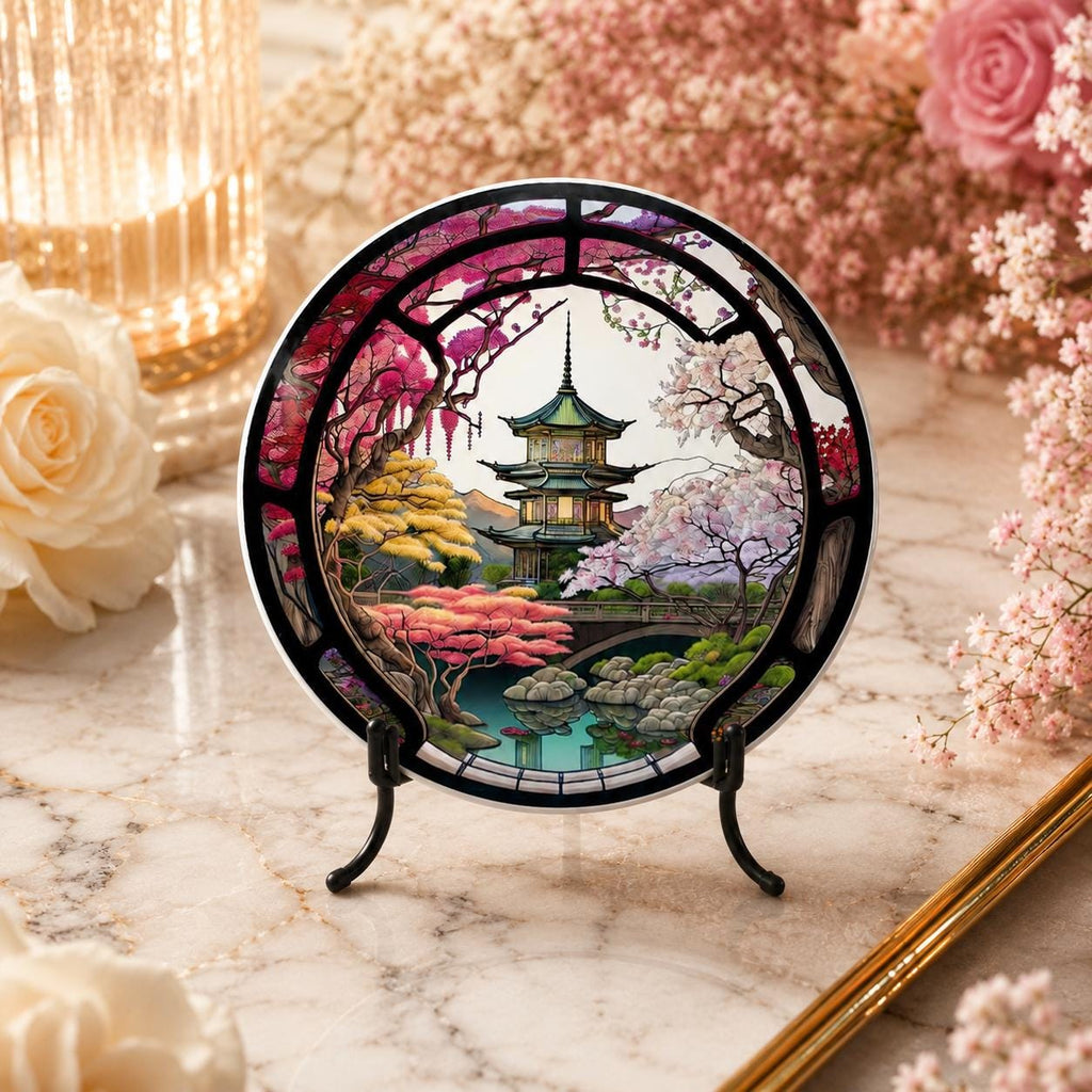 Japanese Garden Ceramic Coaster, Pagoda Cherry Blossom Decor, Asian Inspired Gift