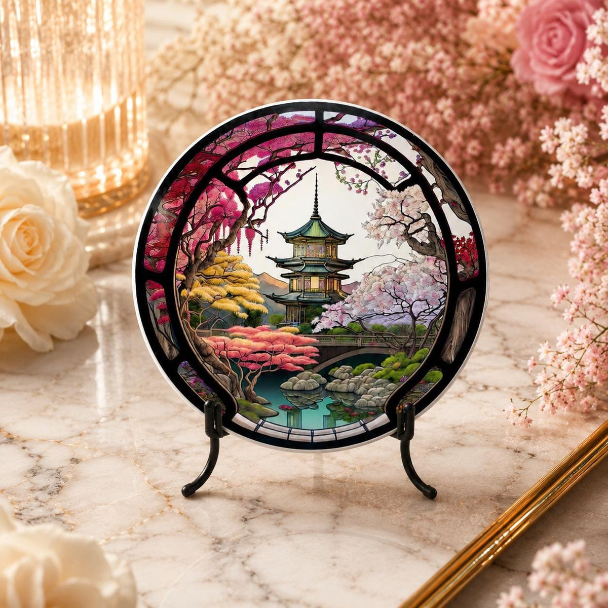 Japanese Garden Ceramic Coaster, Pagoda Cherry Blossom Decor, Asian Inspired Gift