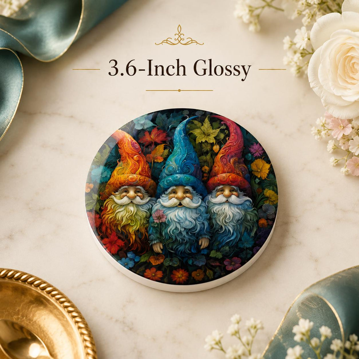 Colorful Garden Gnome Ceramic Coaster, Whimsical Floral Drink Holder, Cottagecore Gift