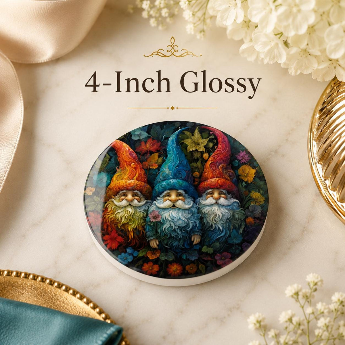 Colorful Garden Gnome Ceramic Coaster, Whimsical Floral Drink Holder, Cottagecore Gift