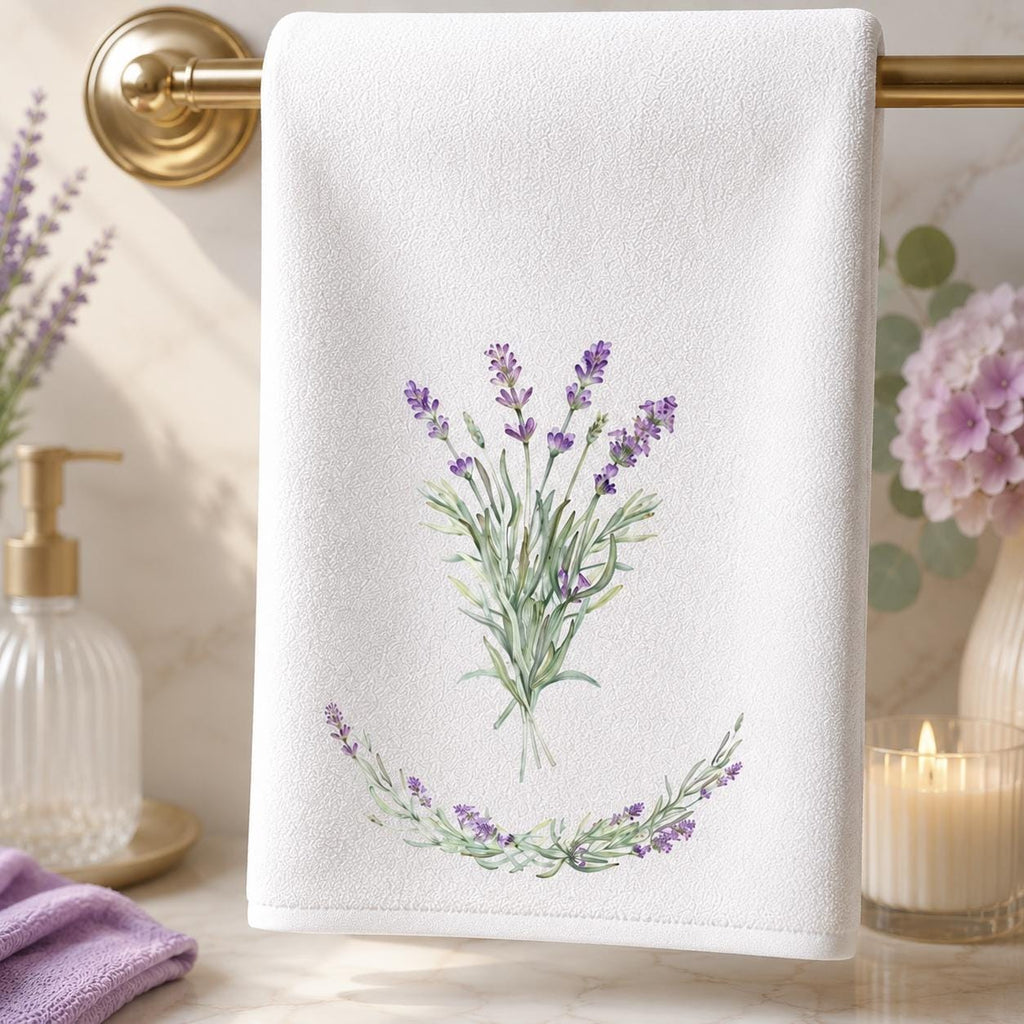 Lavender Hand Towel, Botanical Bathroom Decor, White Spa Accent