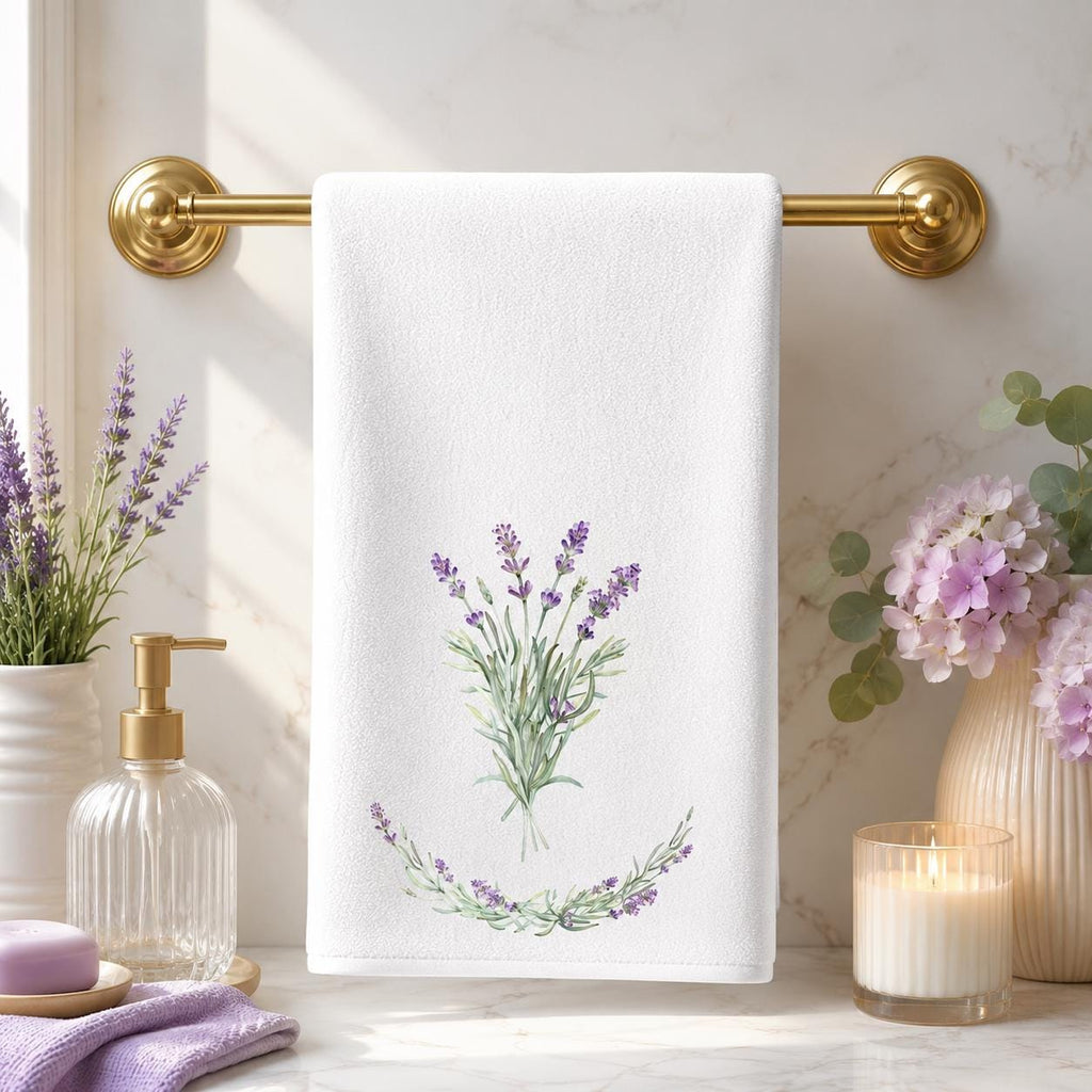 Lavender Hand Towel, Botanical Bathroom Decor, White Spa Accent