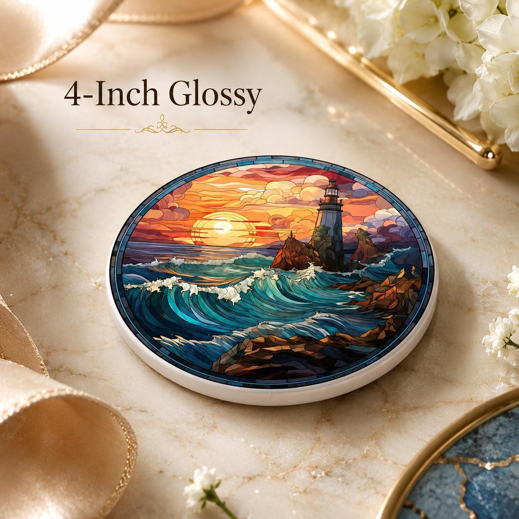 Lighthouse Ceramic Coaster, Coastal Sunset Ocean Waves, Nautical Beach House Decor