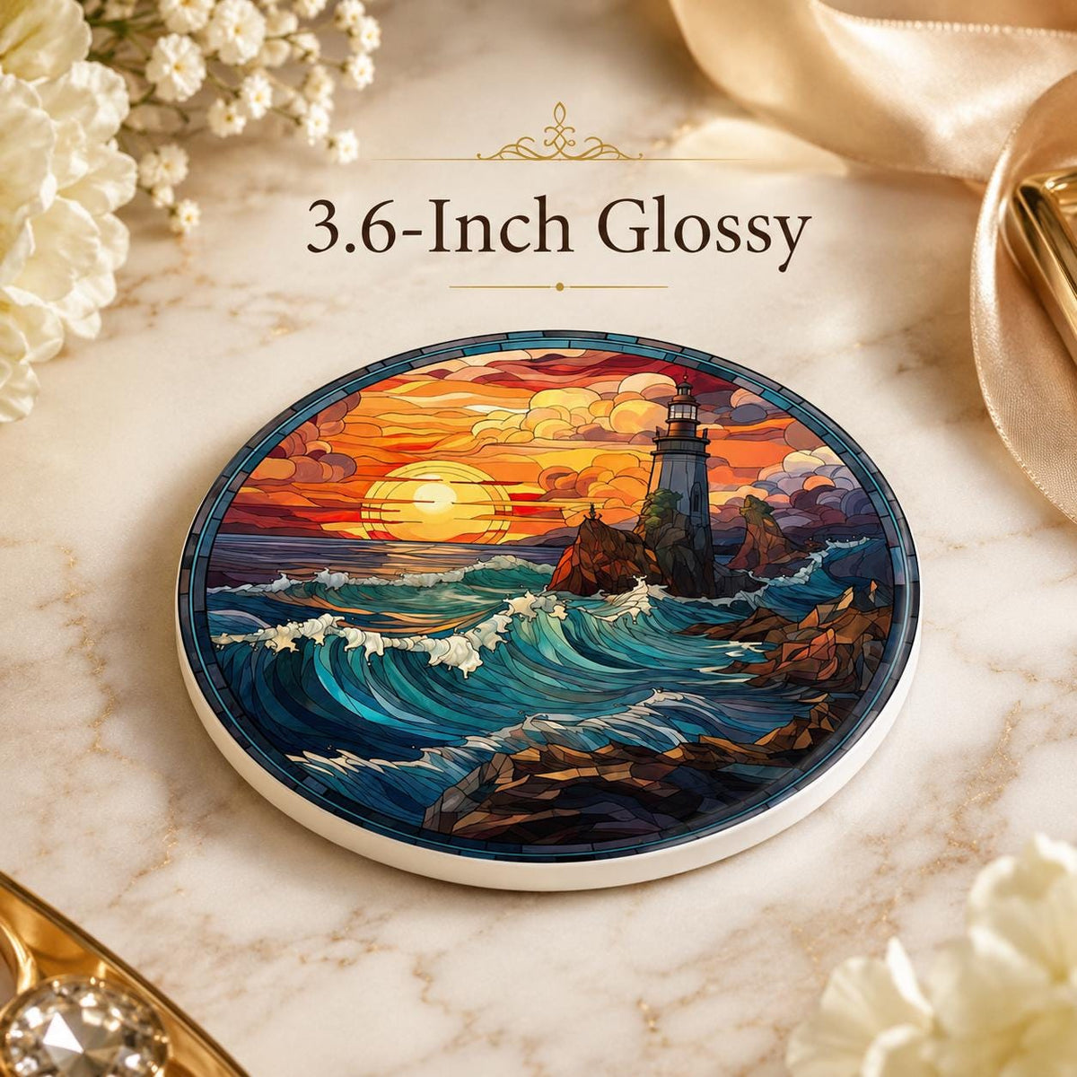 Lighthouse Ceramic Coaster, Coastal Sunset Ocean Waves, Nautical Beach House Decor