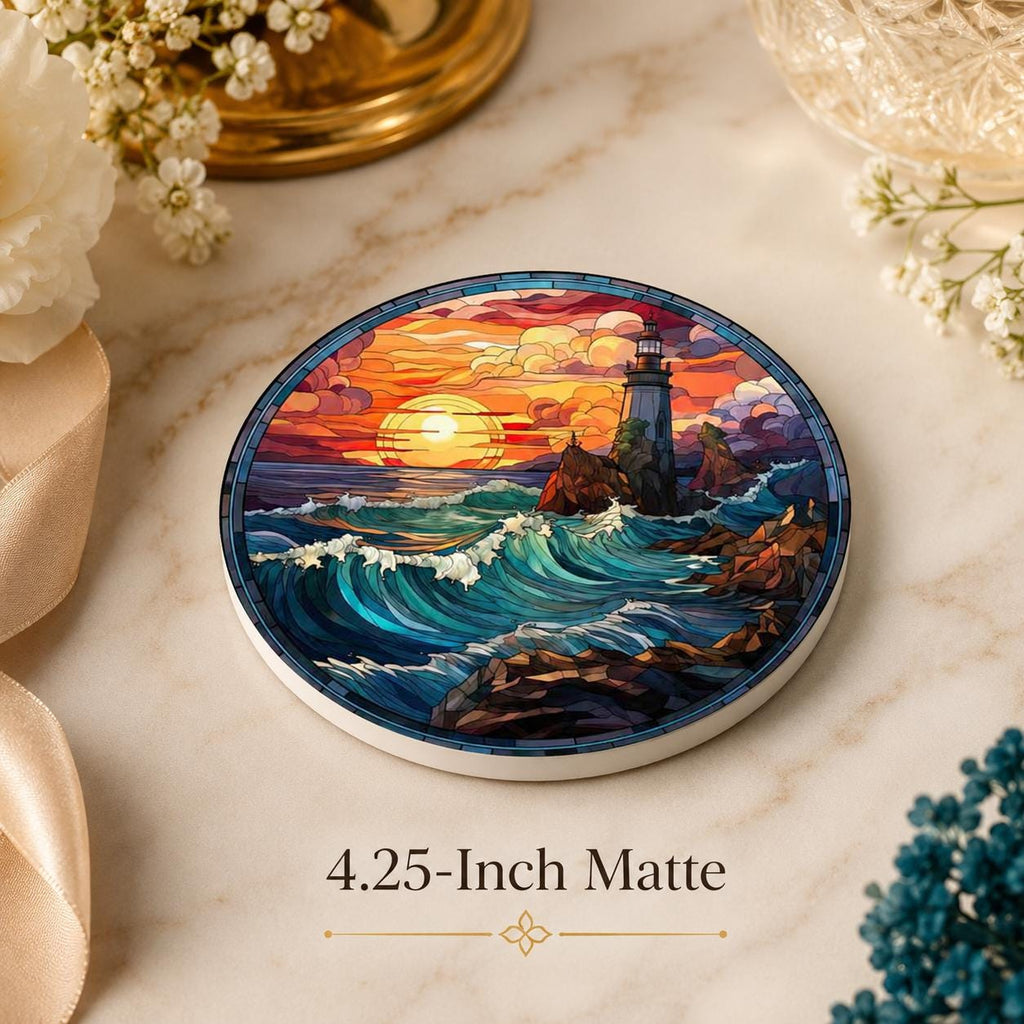 Lighthouse Ceramic Coaster, Coastal Sunset Ocean Waves, Nautical Beach House Decor