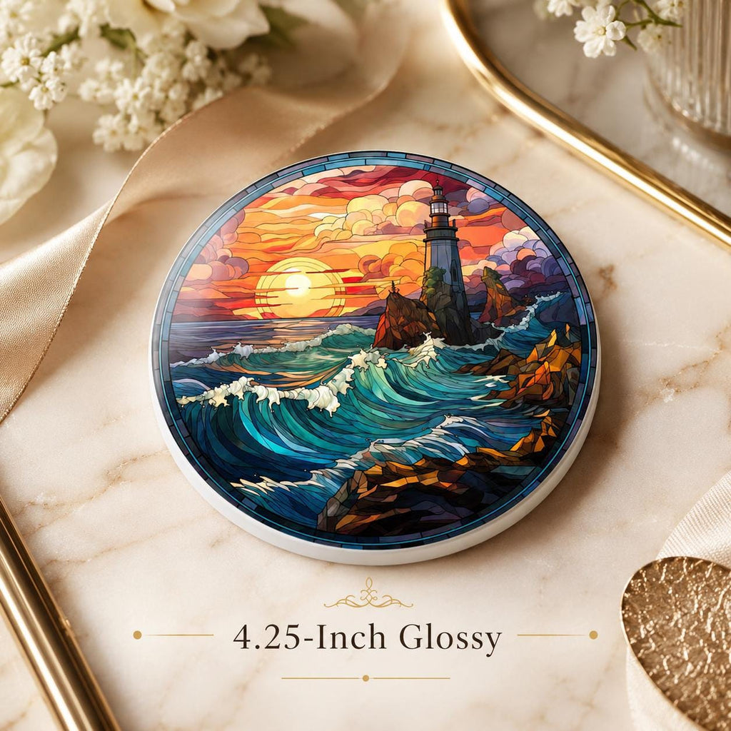 Lighthouse Ceramic Coaster, Coastal Sunset Ocean Waves, Nautical Beach House Decor