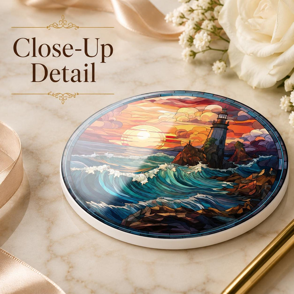 Lighthouse Ceramic Coaster, Coastal Sunset Ocean Waves, Nautical Beach House Decor