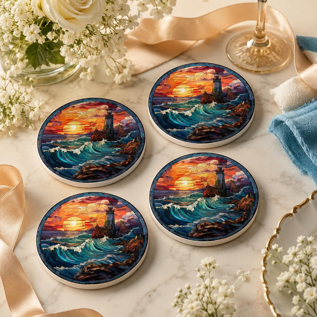 Lighthouse Ceramic Coaster, Coastal Sunset Ocean Waves, Nautical Beach House Decor
