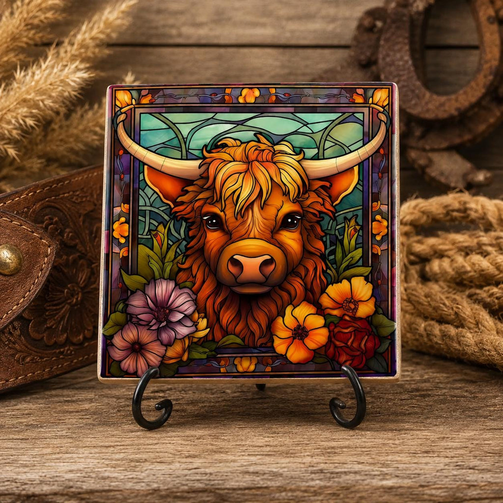 Highland Cow Square Ceramic Coaster, Glossy Western Ranch Drink Decor