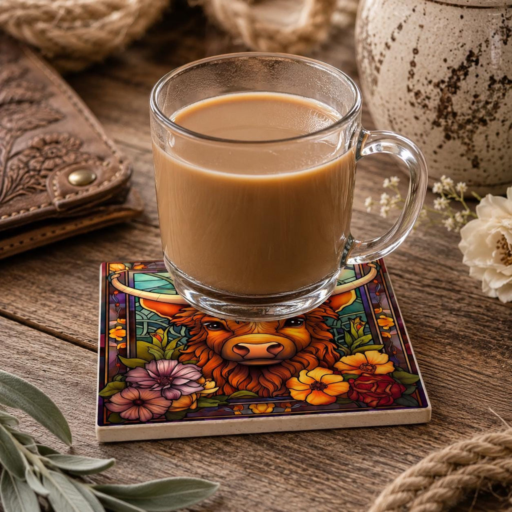 Highland Cow Square Ceramic Coaster, Glossy Western Ranch Drink Decor