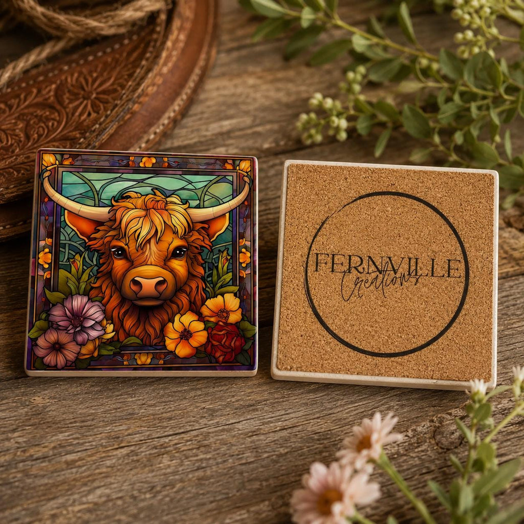 Highland Cow Square Ceramic Coaster, Glossy Western Ranch Drink Decor