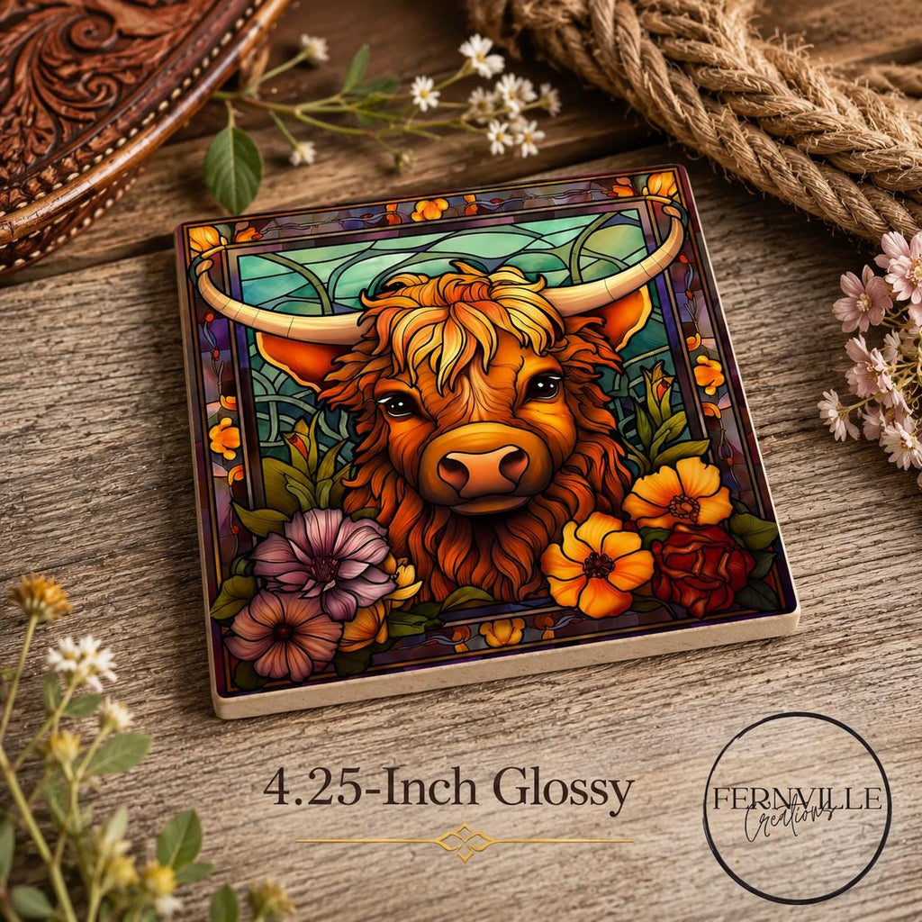 Highland Cow Square Ceramic Coaster, Glossy Western Ranch Drink Decor