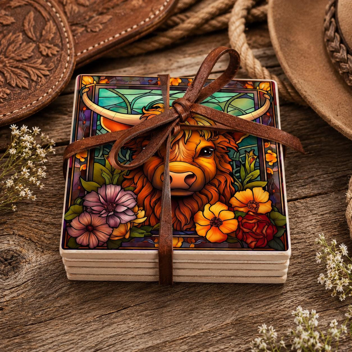 Highland Cow Square Ceramic Coaster, Glossy Western Ranch Drink Decor