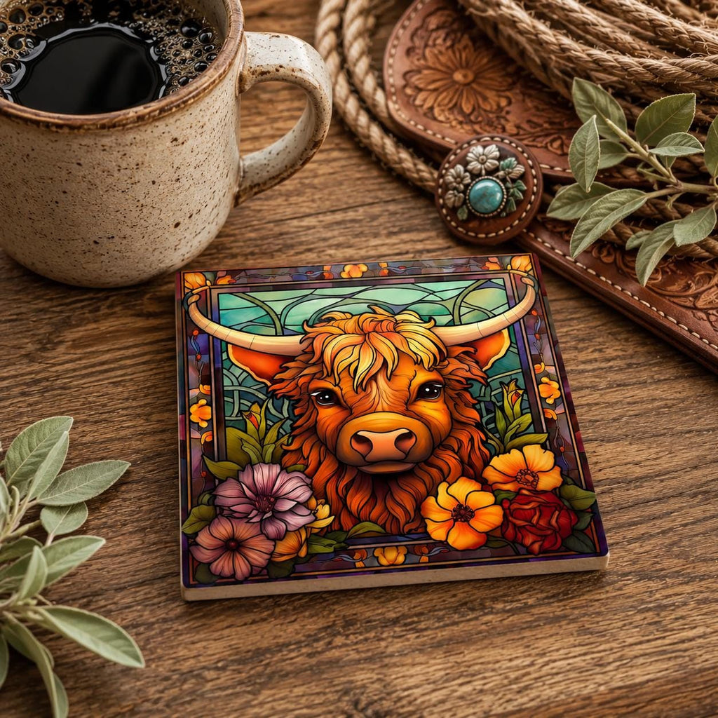 Highland Cow Square Ceramic Coaster, Glossy Western Ranch Drink Decor