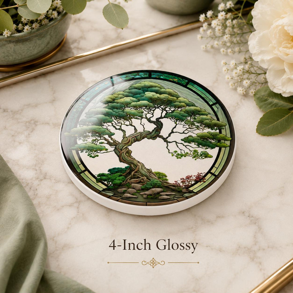 Bonsai Tree Ceramic Coaster, Zen Garden Decor, Botanical Drink Holder