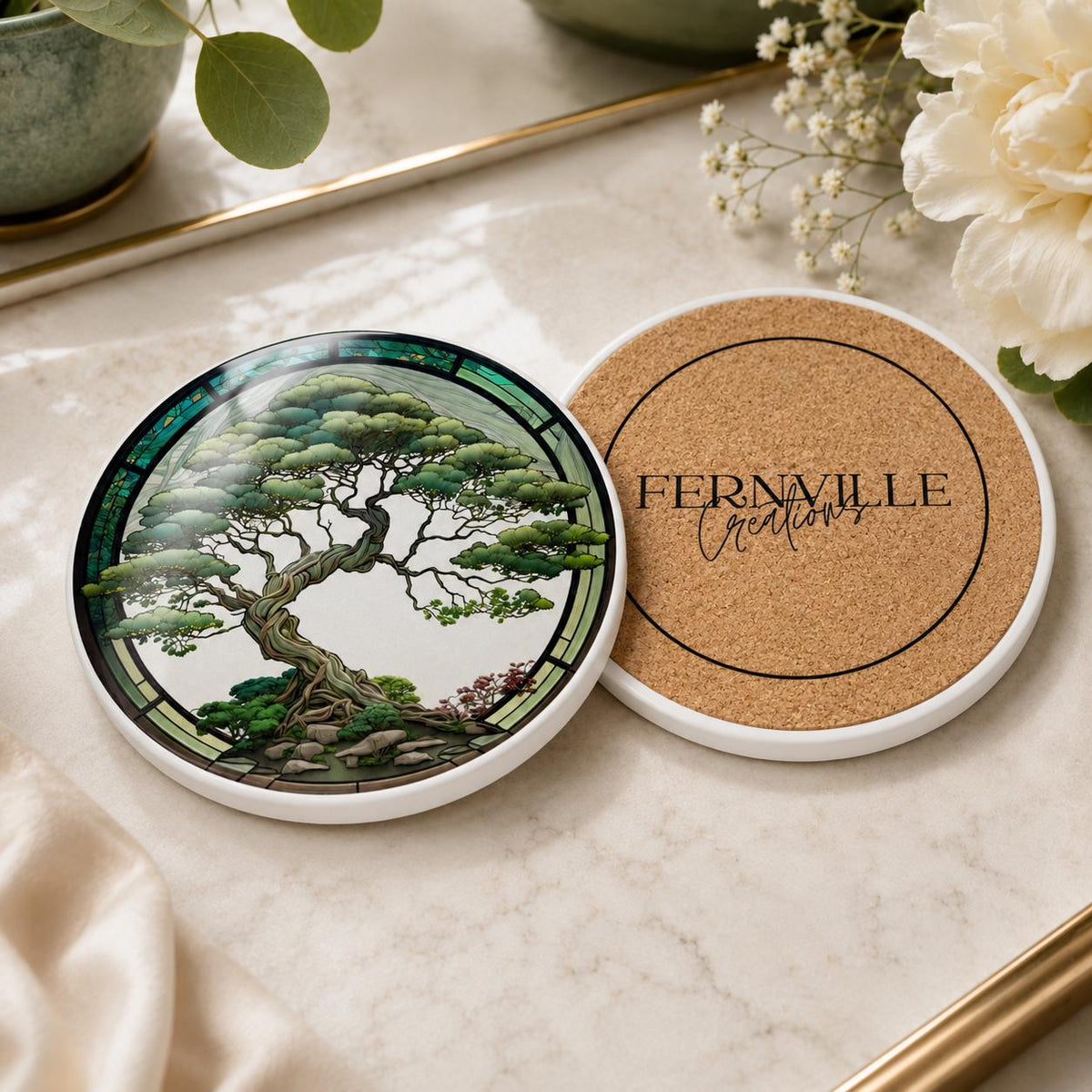 Bonsai Tree Ceramic Coaster, Zen Garden Decor, Botanical Drink Holder