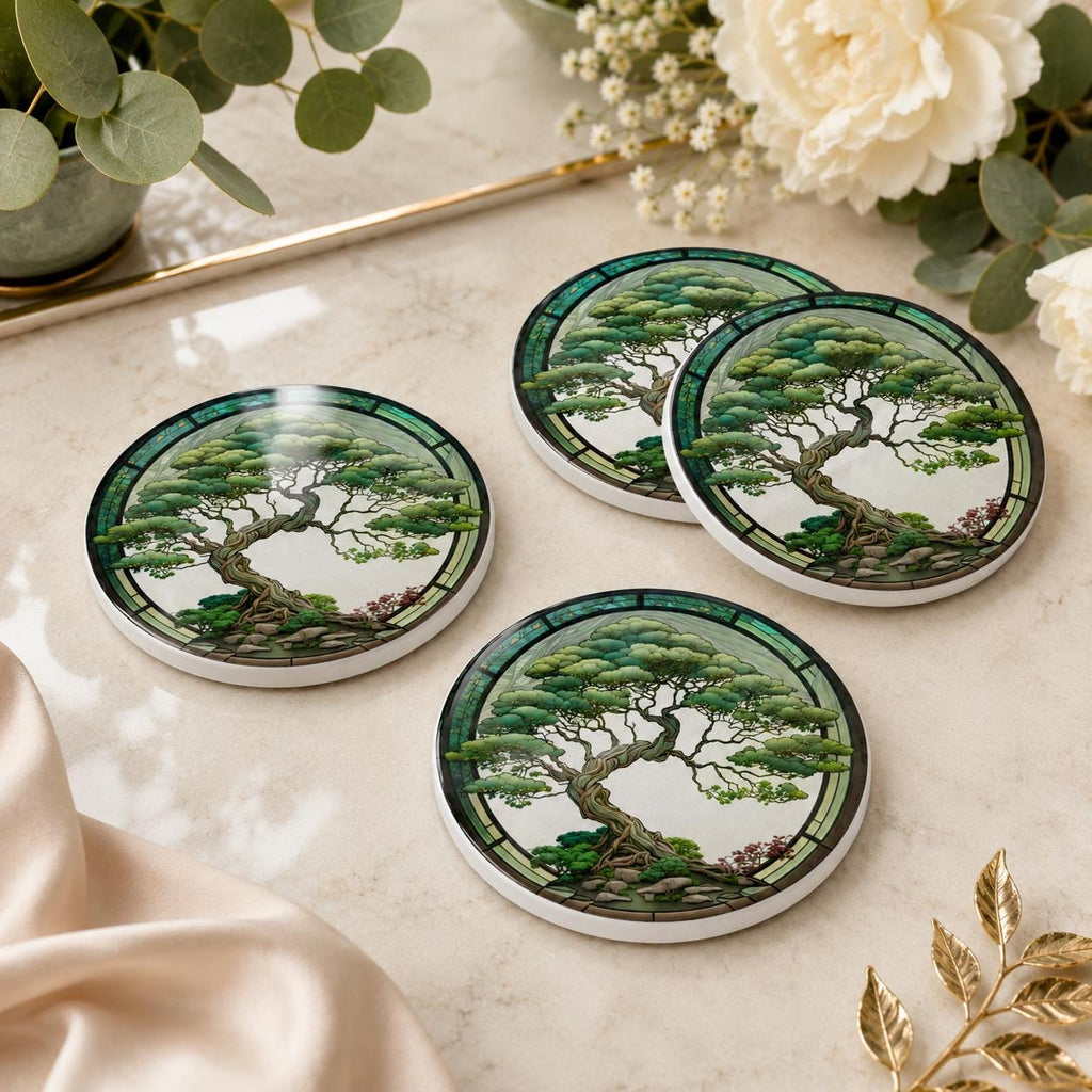 Bonsai Tree Ceramic Coaster, Zen Garden Decor, Botanical Drink Holder