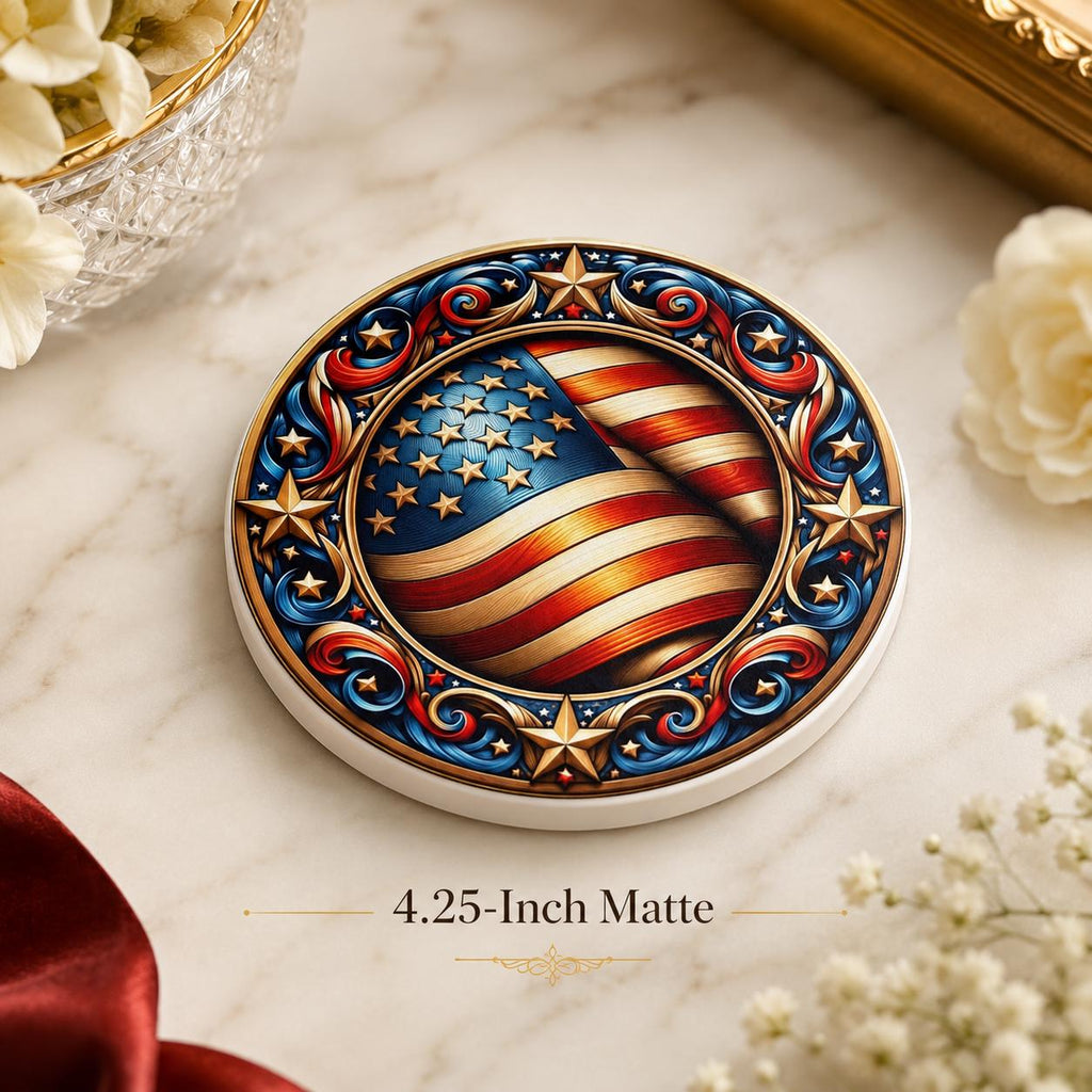 American Flag Ceramic Coaster, Patriotic Stars Art, Americana Drink Holder