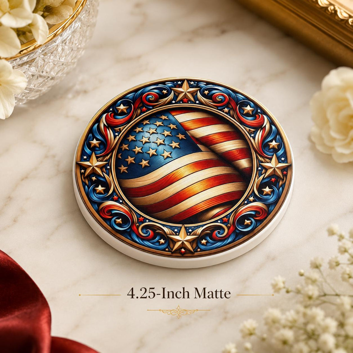 American Flag Ceramic Coaster, Patriotic Stars Art, Americana Drink Holder