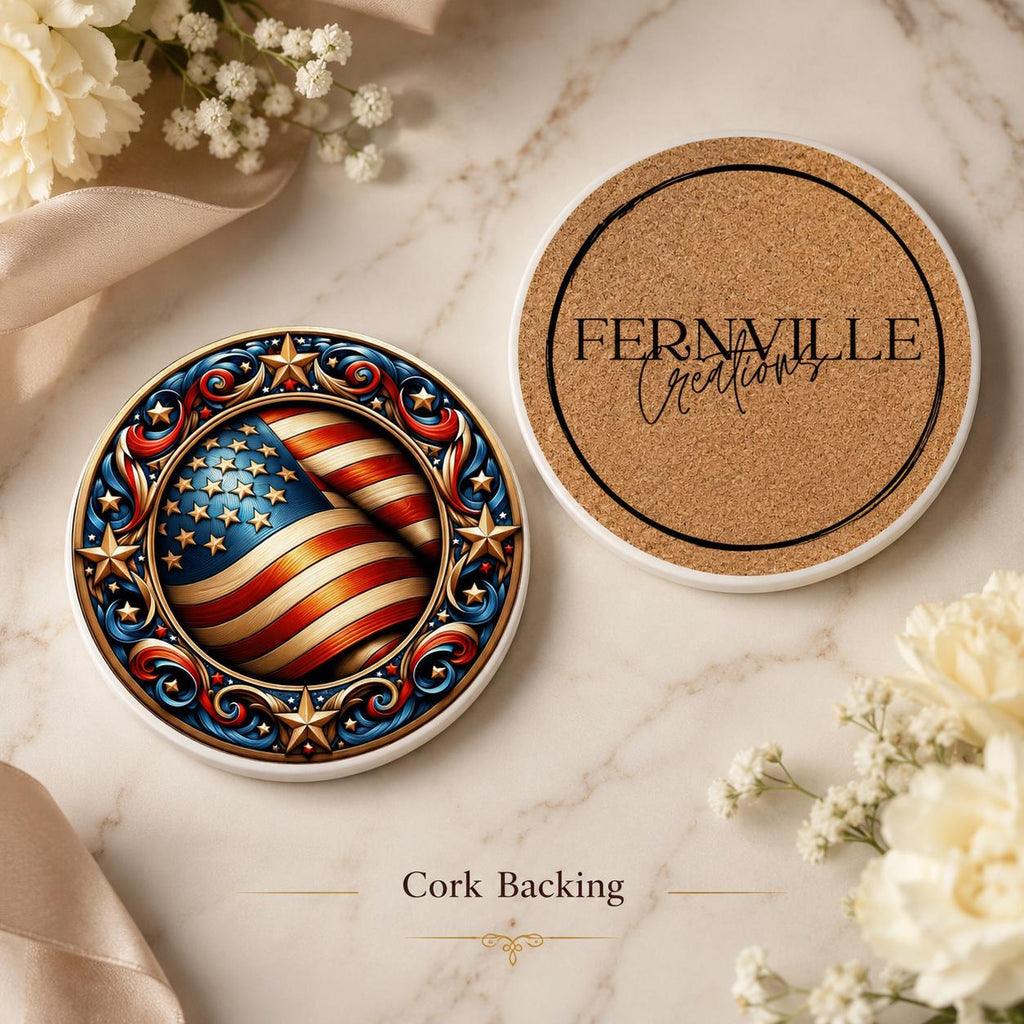 American Flag Ceramic Coaster, Patriotic Stars Art, Americana Drink Holder