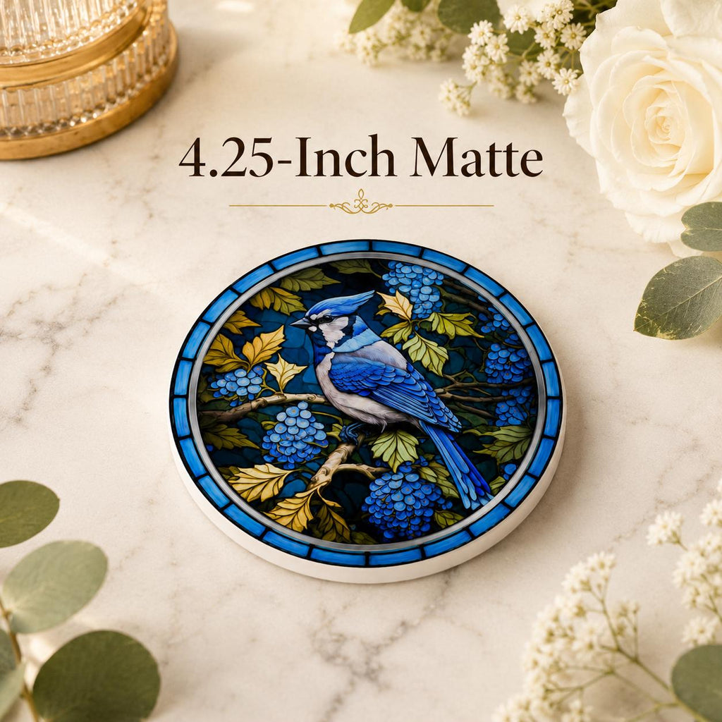 Blue Jay Ceramic Coaster, Stained Glass Bird Decor, Botanical Drink Holder