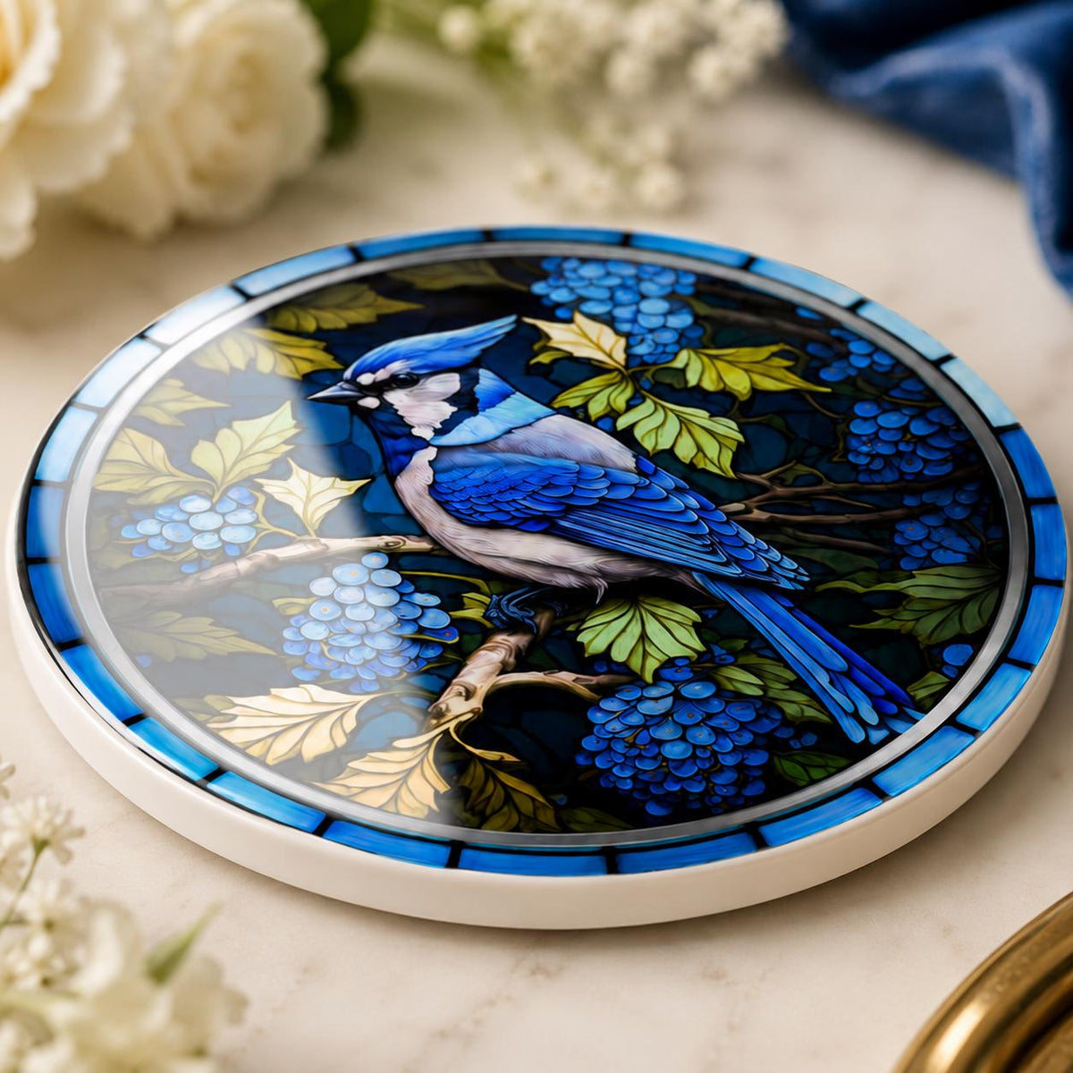 Blue Jay Ceramic Coaster, Stained Glass Bird Decor, Botanical Drink Holder