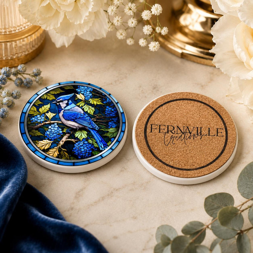 Blue Jay Ceramic Coaster, Stained Glass Bird Decor, Botanical Drink Holder