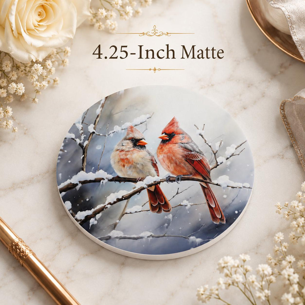 Cardinal Ceramic Coaster, Winter Bird Decor, Snowy Christmas Drink Holder
