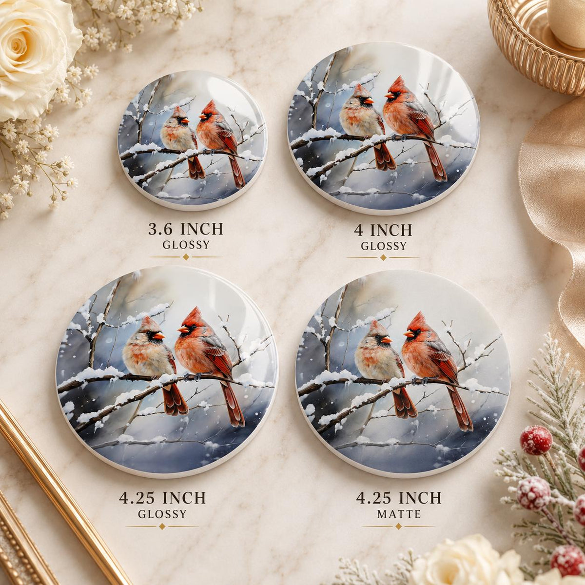 Cardinal Ceramic Coaster, Winter Bird Decor, Snowy Christmas Drink Holder