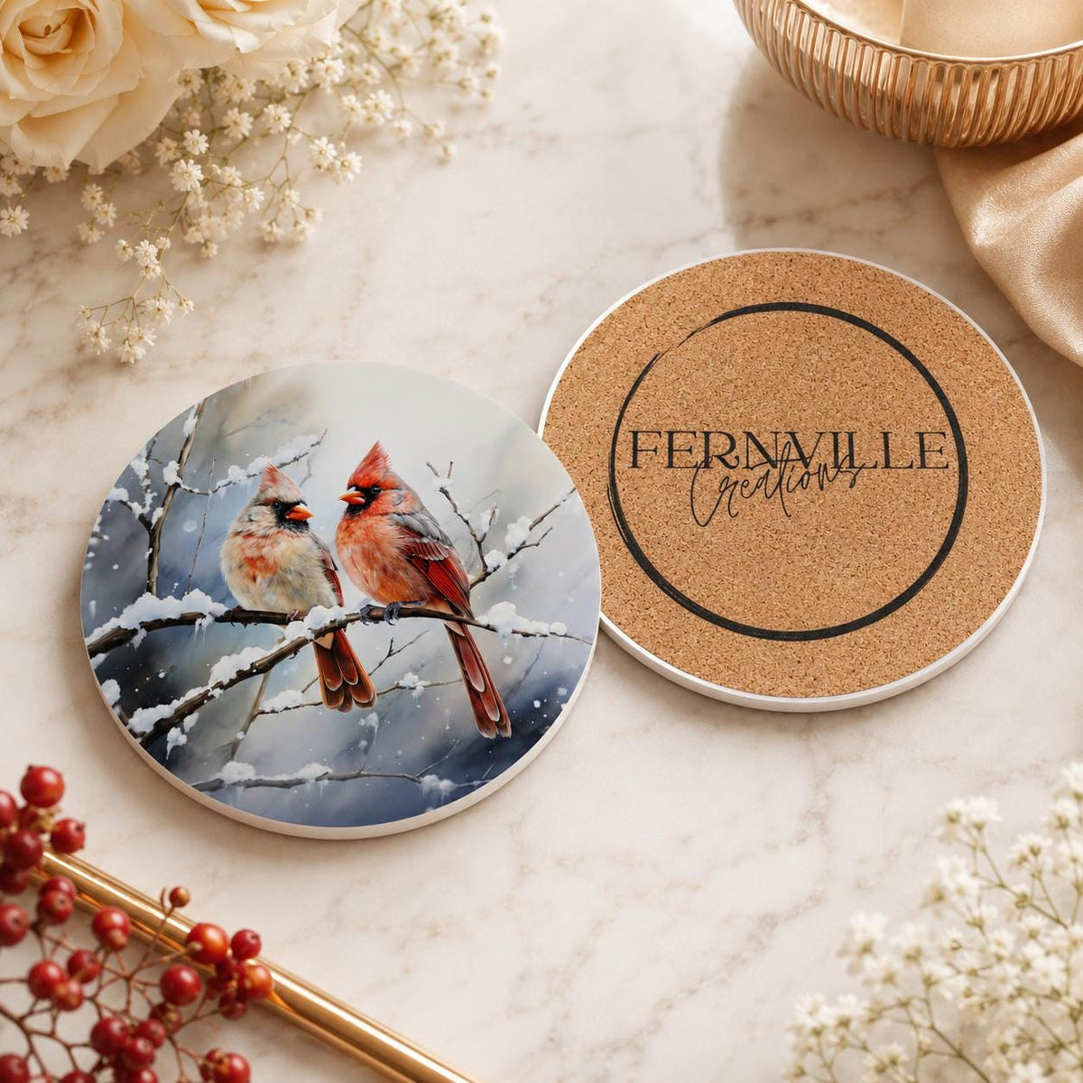 Cardinal Ceramic Coaster, Winter Bird Decor, Snowy Christmas Drink Holder