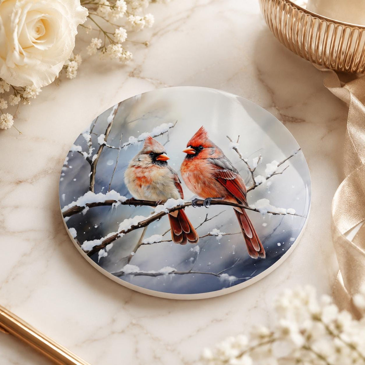 Cardinal Ceramic Coaster, Winter Bird Decor, Snowy Christmas Drink Holder