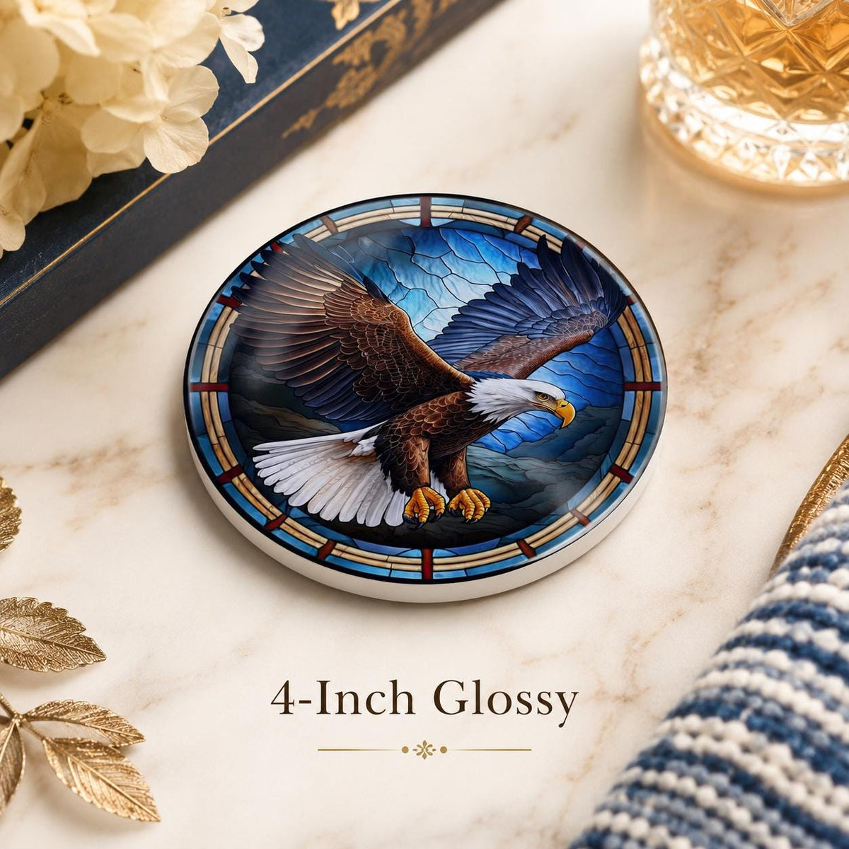 Bald Eagle Ceramic Coaster, Patriotic Bird Decor, Stained Glass Drink Holder