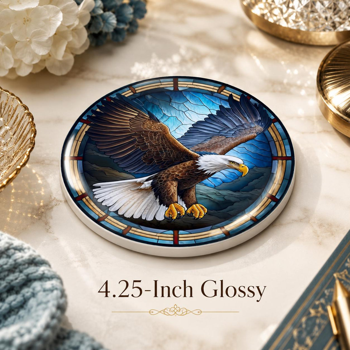 Bald Eagle Ceramic Coaster, Patriotic Bird Decor, Stained Glass Drink Holder