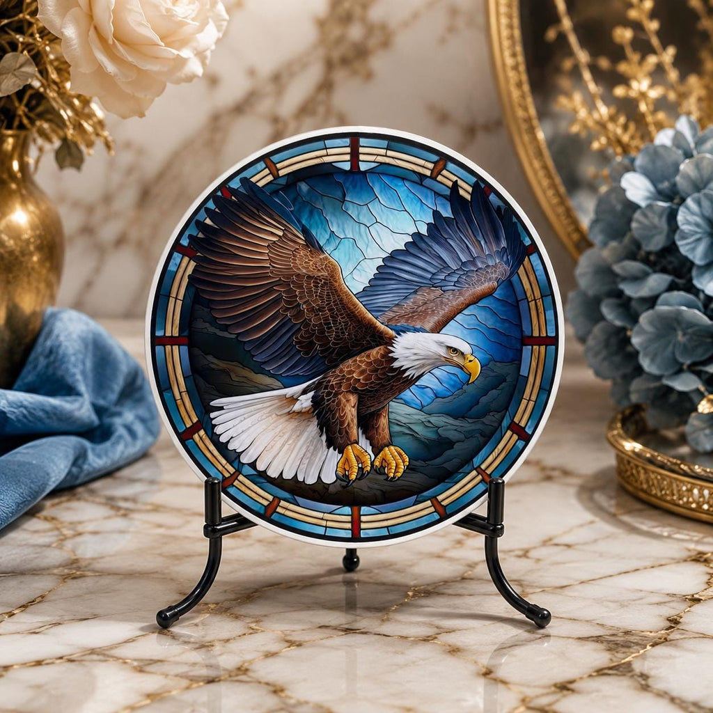 Bald Eagle Ceramic Coaster, Patriotic Bird Decor, Stained Glass Drink Holder