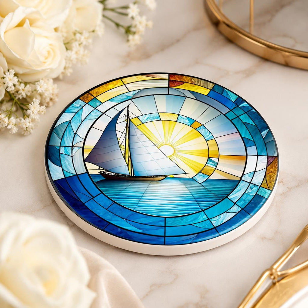 Sailboat Ceramic Coaster, Coastal Sun Decor, Nautical Drink Holder