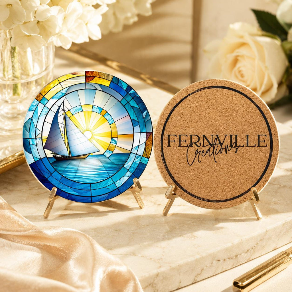 Sailboat Ceramic Coaster, Coastal Sun Decor, Nautical Drink Holder