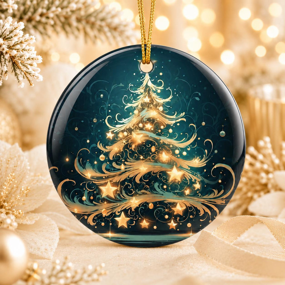 Elegant Christmas Tree Ceramic Ornament, Teal Gold Holiday Keepsake, Personalized Gift
