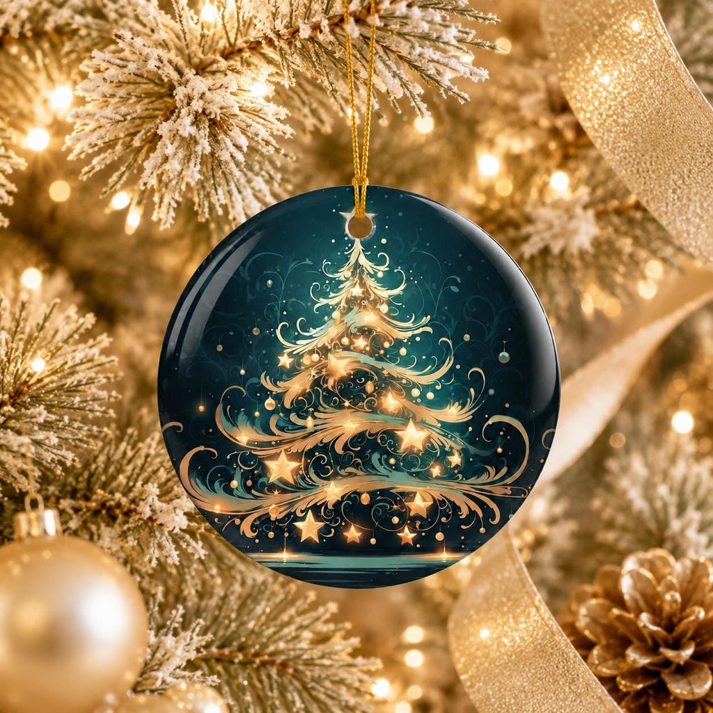 Elegant Christmas Tree Ceramic Ornament, Teal Gold Holiday Keepsake, Personalized Gift