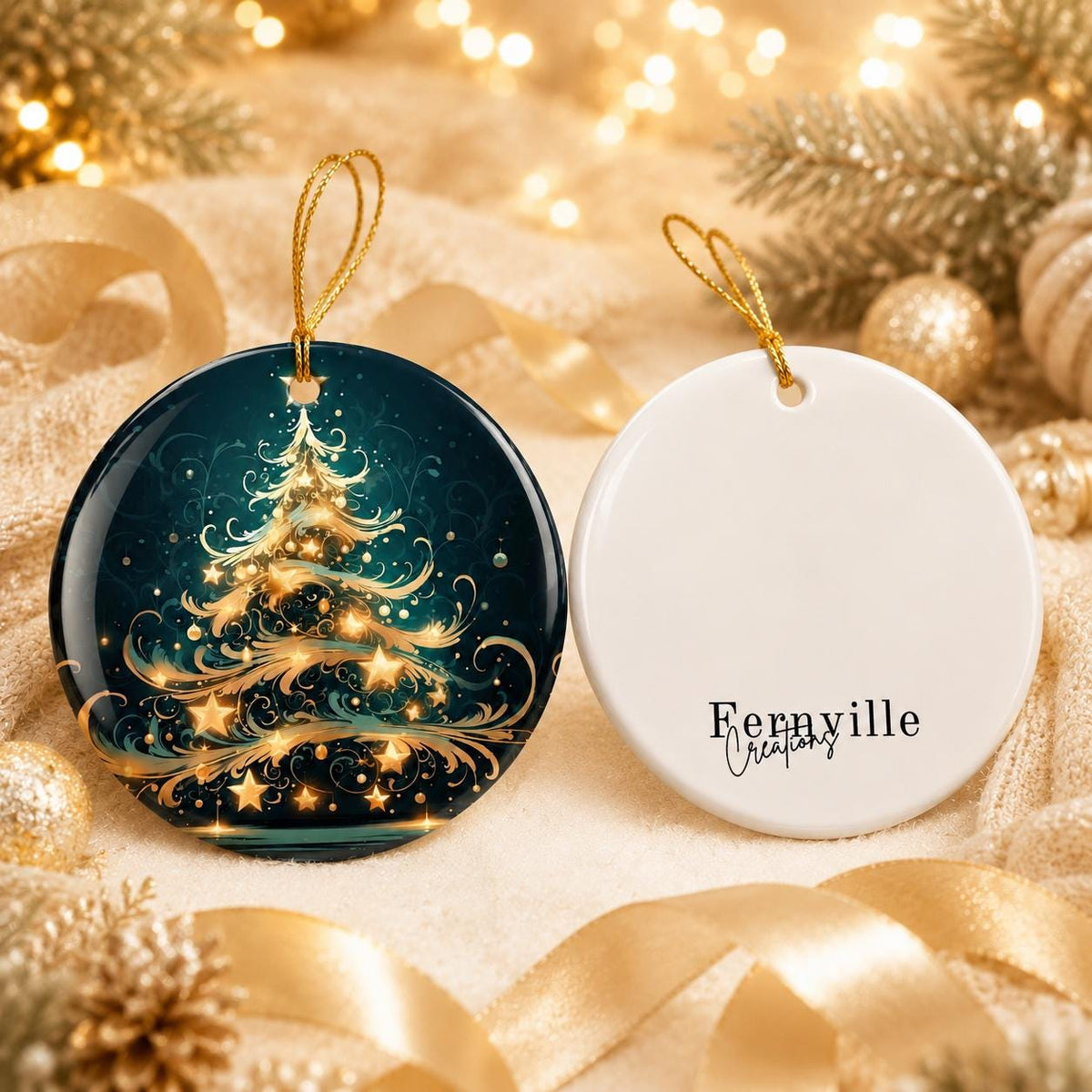 Elegant Christmas Tree Ceramic Ornament, Teal Gold Holiday Keepsake, Personalized Gift