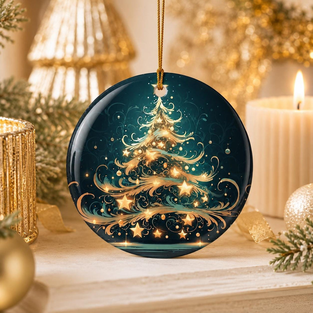 Elegant Christmas Tree Ceramic Ornament, Teal Gold Holiday Keepsake, Personalized Gift