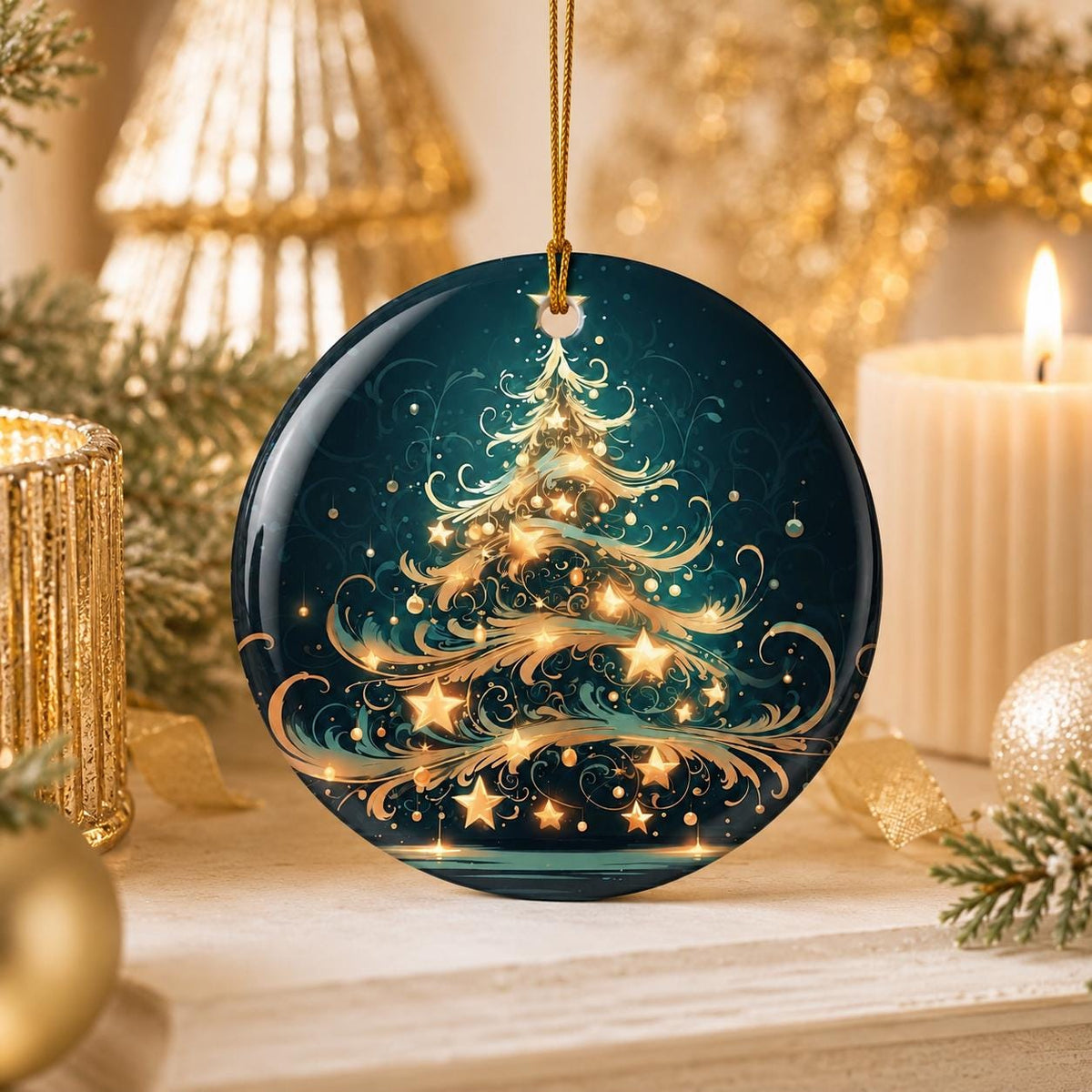 Elegant Christmas Tree Ceramic Ornament, Teal Gold Holiday Keepsake, Personalized Gift