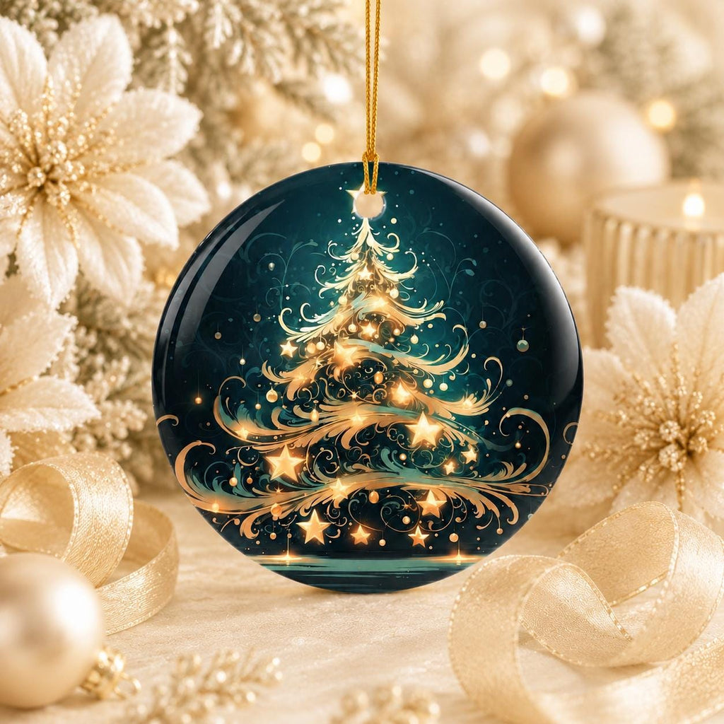 Elegant Christmas Tree Ceramic Ornament, Teal Gold Holiday Keepsake, Personalized Gift