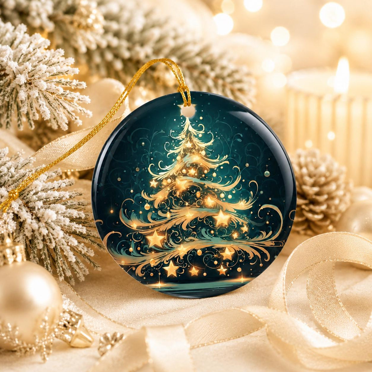Elegant Christmas Tree Ceramic Ornament, Teal Gold Holiday Keepsake, Personalized Gift