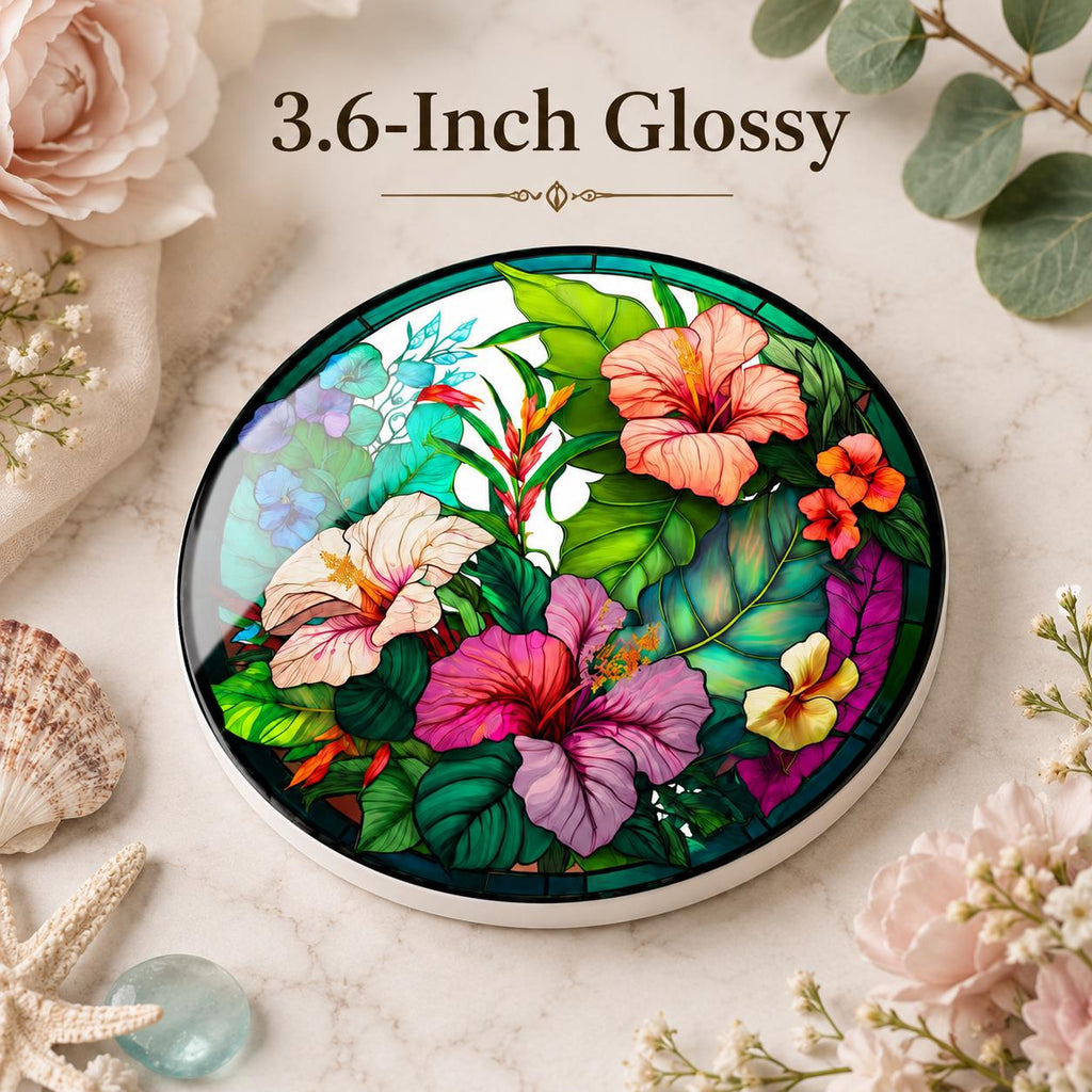 Tropical Hibiscus Ceramic Coaster, Round Floral Drink Mat, Coastal Table Decor
