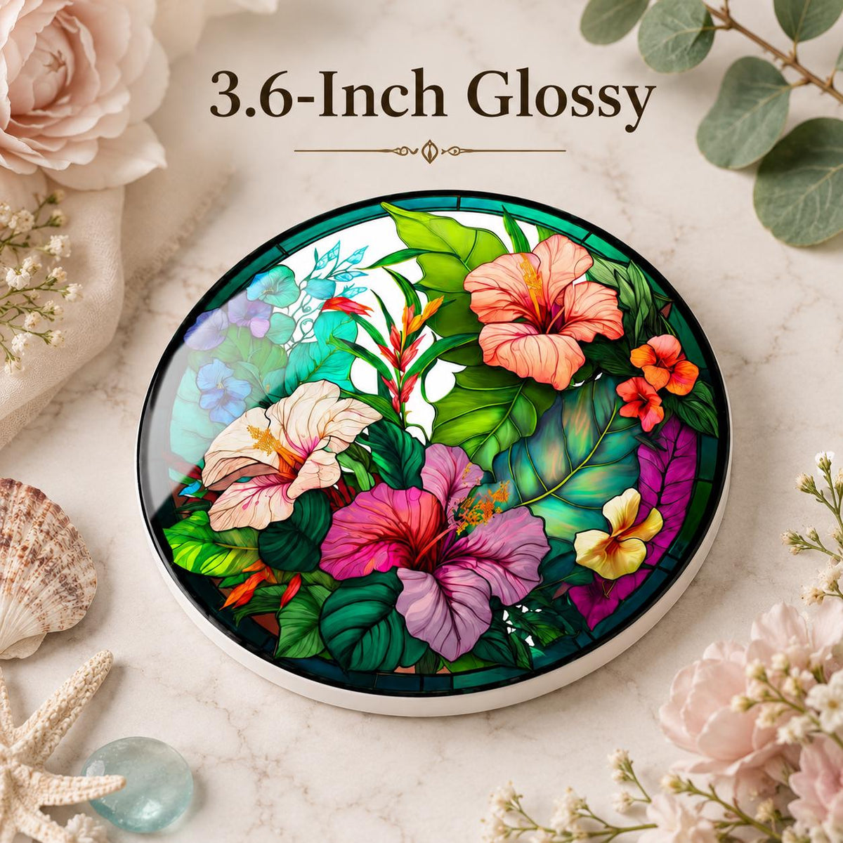 Tropical Hibiscus Ceramic Coaster, Round Floral Drink Mat, Coastal Table Decor