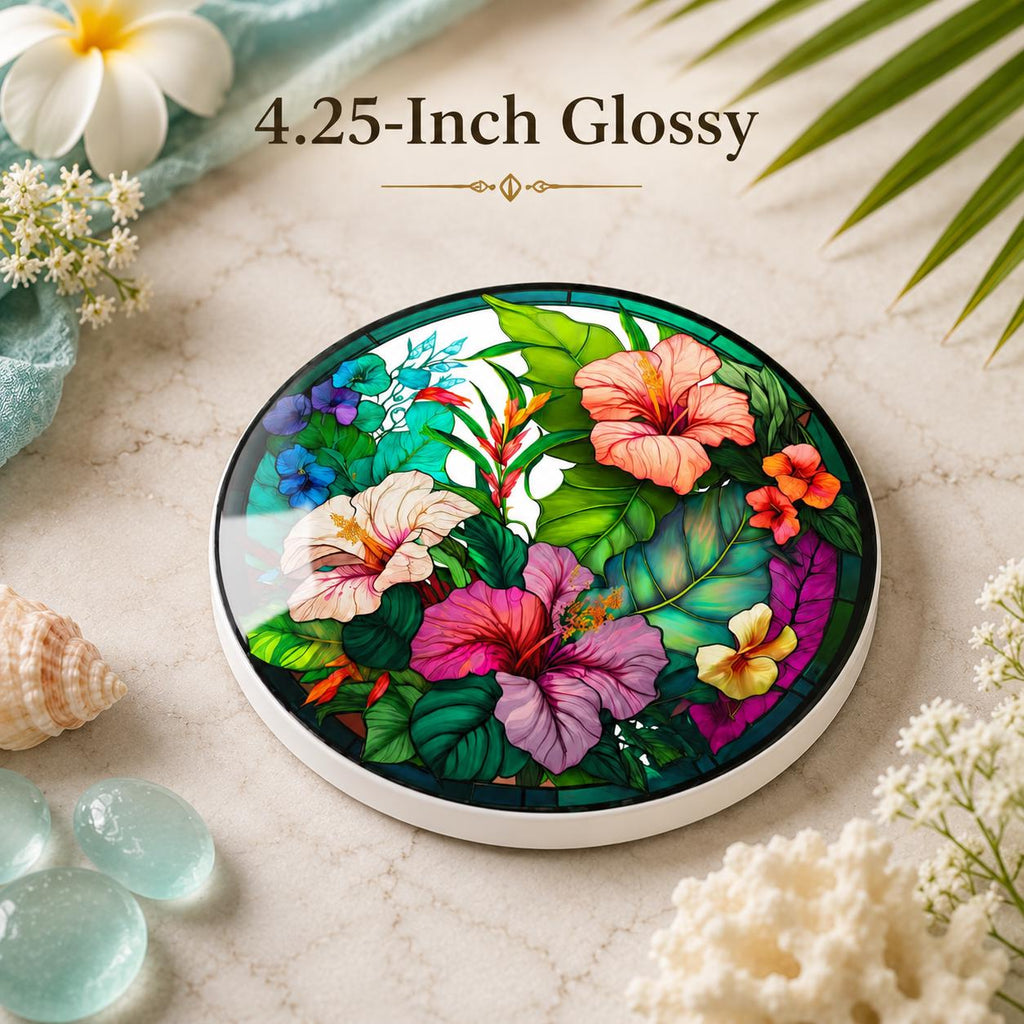 Tropical Hibiscus Ceramic Coaster, Round Floral Drink Mat, Coastal Table Decor