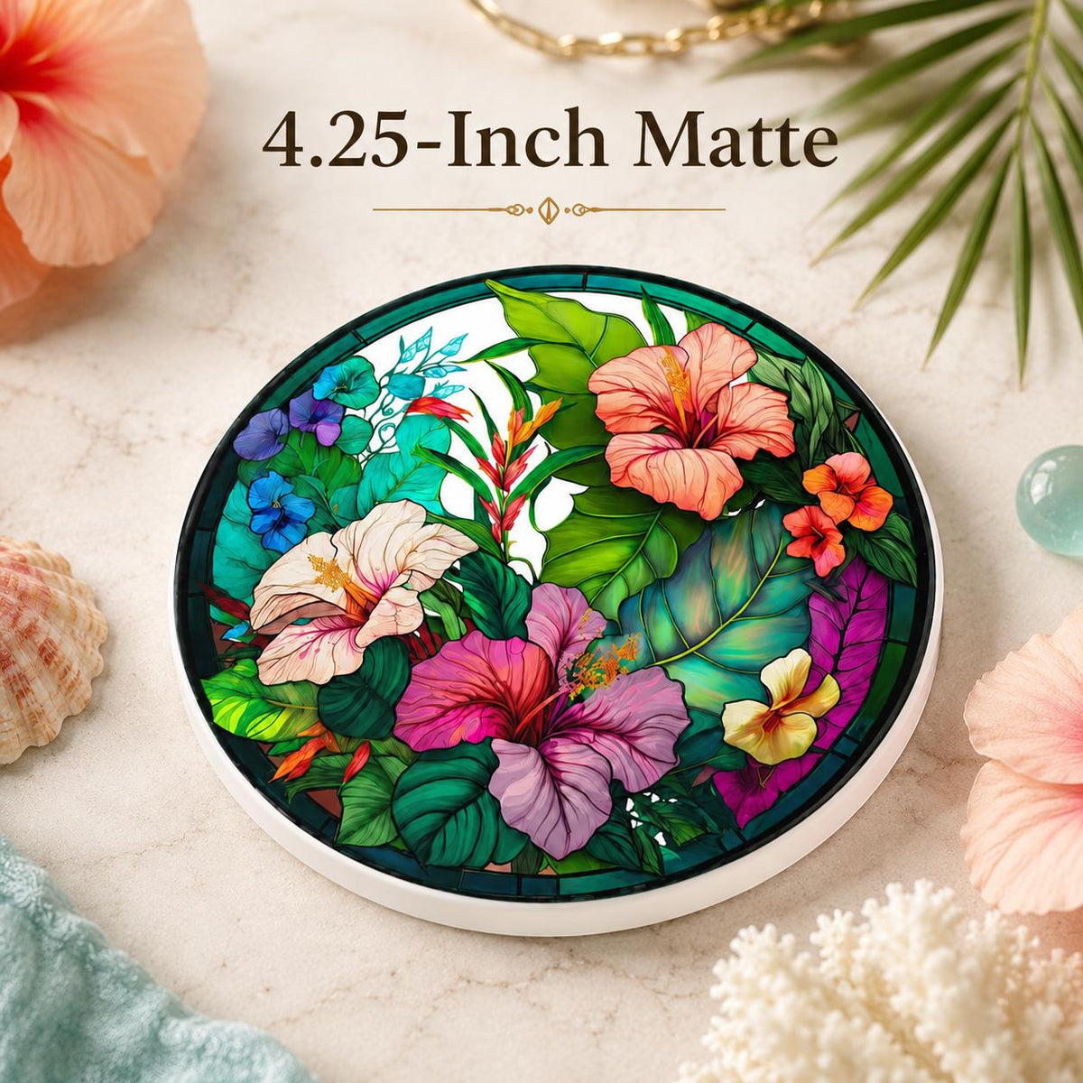 Tropical Hibiscus Ceramic Coaster, Round Floral Drink Mat, Coastal Table Decor