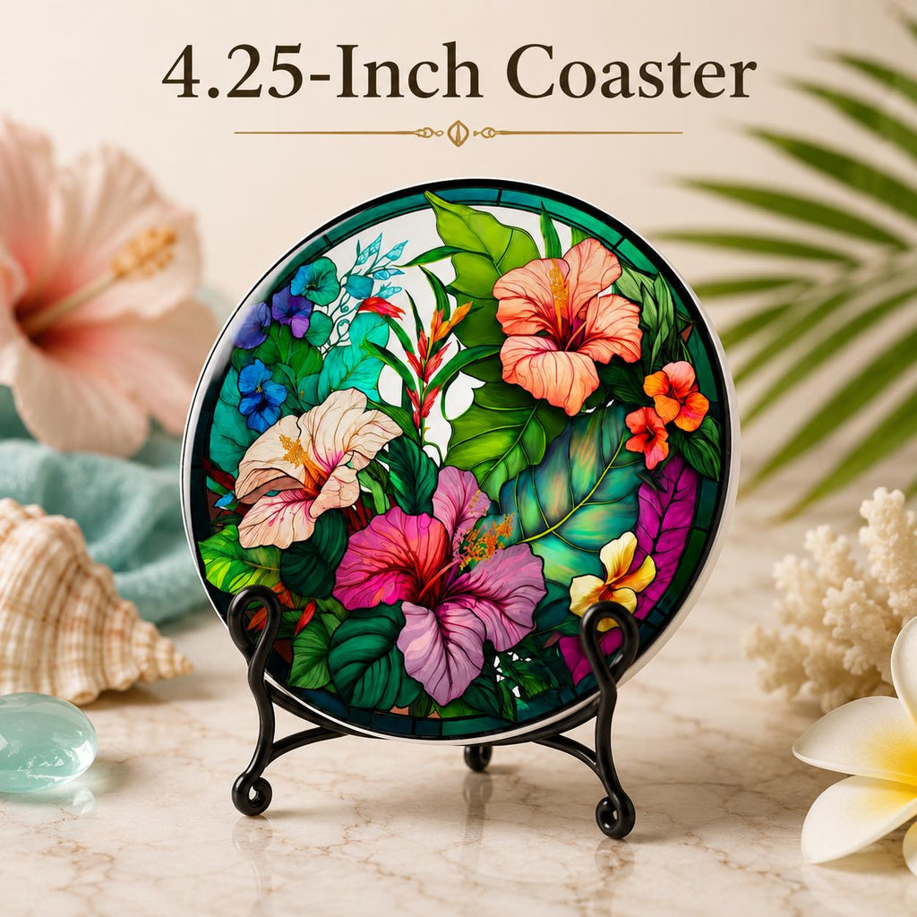 Tropical Hibiscus Ceramic Coaster, Round Floral Drink Mat, Coastal Table Decor