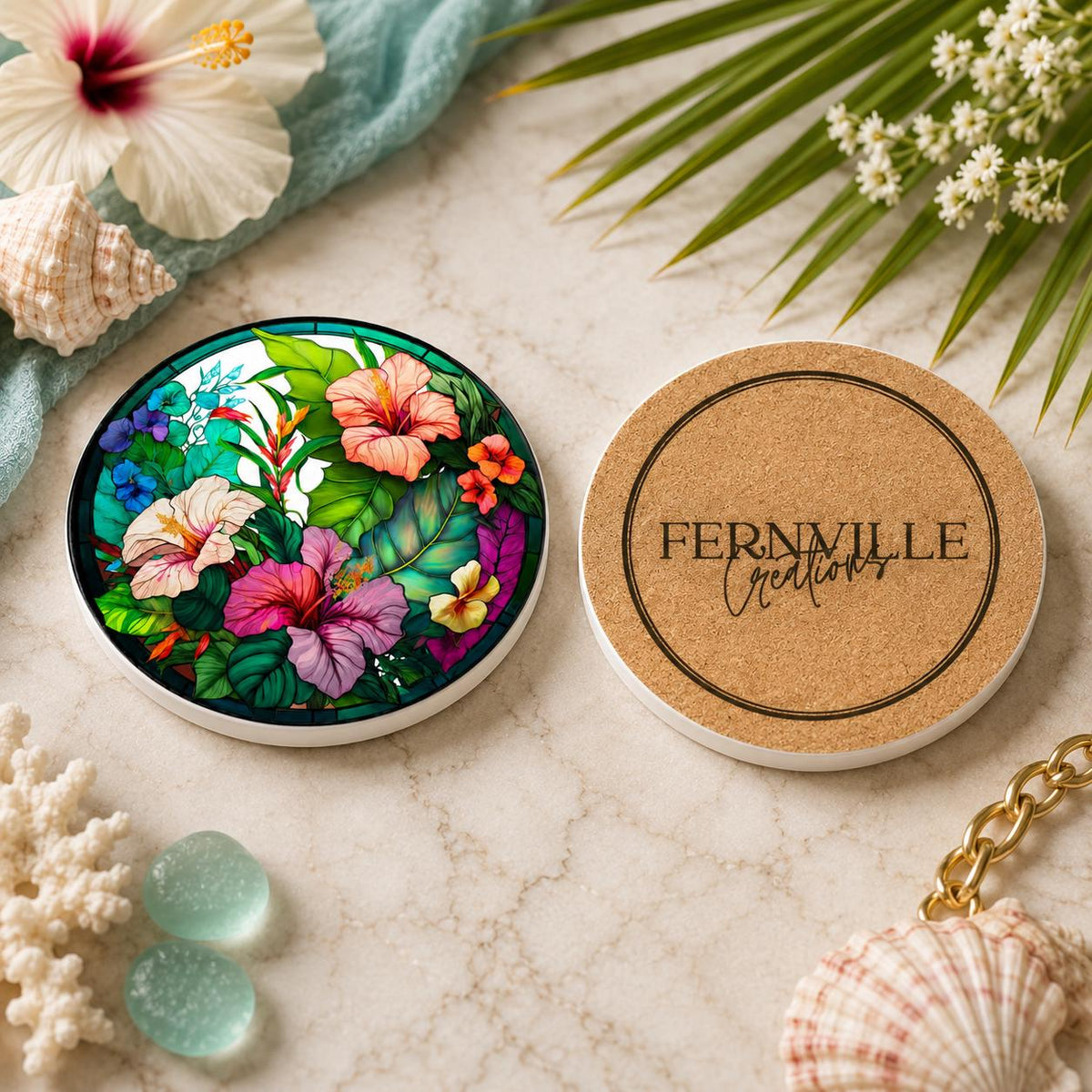 Tropical Hibiscus Ceramic Coaster, Round Floral Drink Mat, Coastal Table Decor
